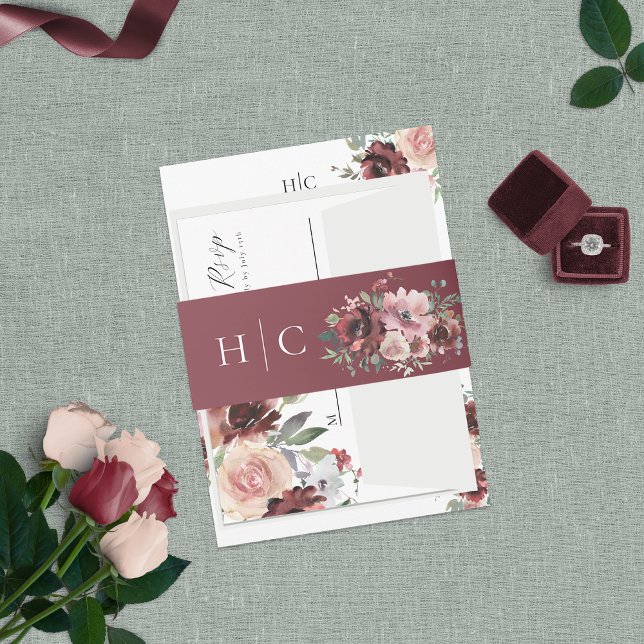 Classic Burgundy Blush Rose & Peony Invitation Belly Band (Creator Uploaded)