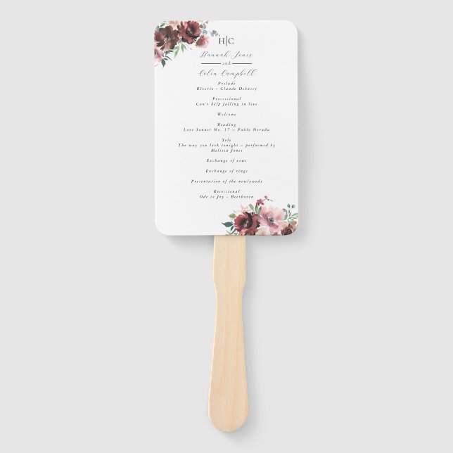 Classic Burgundy Blush Rose & Peony Program Hand Fan (Front)