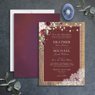 Classic Burgundy Blush Wood Lace Script Wedding Invitation