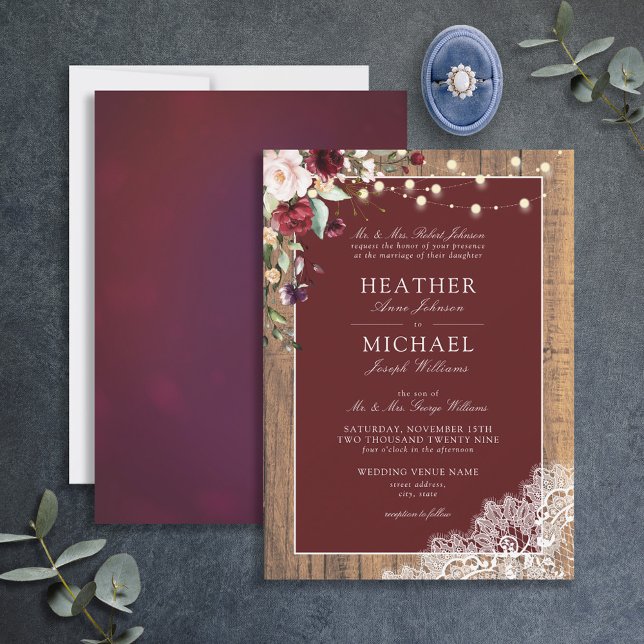 Classic Burgundy Blush Wood Lace Script Wedding Invitation (Creator Uploaded)