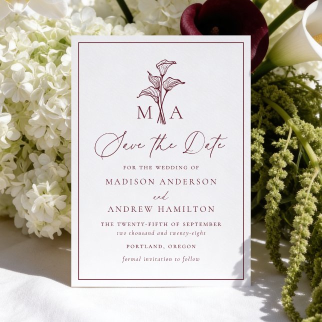 Classic Burgundy Calla Lily Monogram Wedding Save The Date (Creator Uploaded)