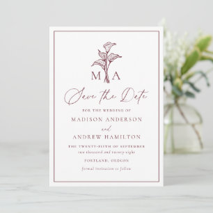 Classic Burgundy Calla Lily Monogram Wedding Save The Date