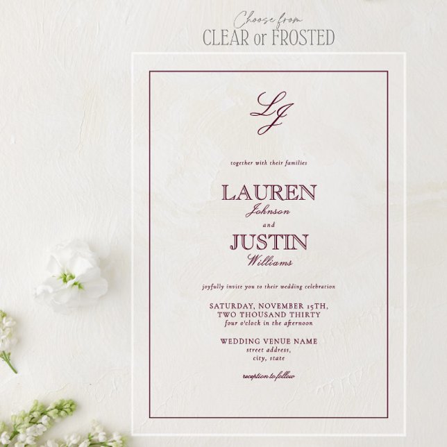 Classic Burgundy Calligraphy Monogram Wedding Acrylic Invitations (Creator Uploaded)