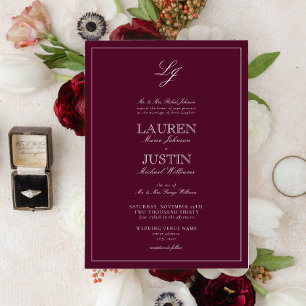 Classic Burgundy Calligraphy Monogram Wedding Invitation