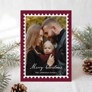 Classic Burgundy Christmas Postage Stamp 5 Photo Holiday Card