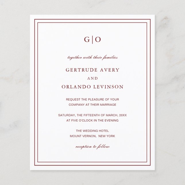Classic Burgundy Elegant Budget Wedding Invitation (Front)