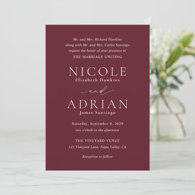 Classic Burgundy Elegant Wedding Invitation (Standing Front)