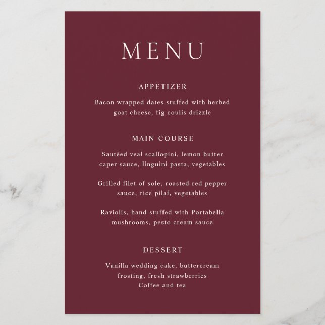 Classic Burgundy Elegant Wedding Menu (Front)