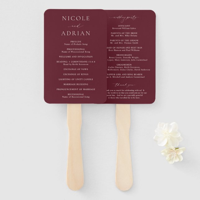 Classic Burgundy Elegant Wedding Program Hand Fan (Front and Back)