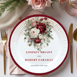 Classic Burgundy Floral Greenery Gold Wedding   Paper Plate