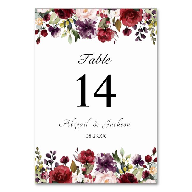 Classic Burgundy Floral Wedding Reception Seating Table Number (Front)