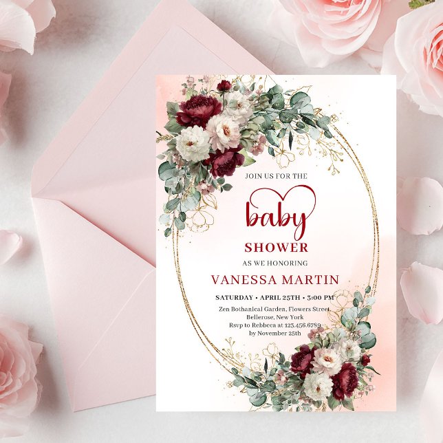 Classic Burgundy Flowers Gold Baby Shower Invite (Classic Burgundy Flowers Gold Baby Shower Invitation

)