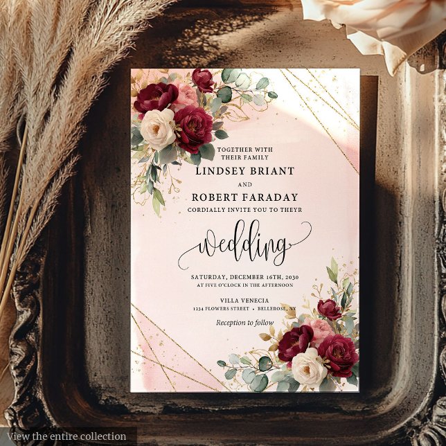 Classic Burgundy Gold Blush Flowers Timeless Boho Invitation (Classic Burgundy Gold Blush Flowers Timeless Boho Invitation)