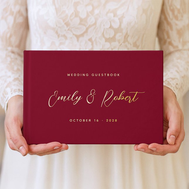 Classic Burgundy Gold Calligraphy Wedding Photo Guest Book (Creator Uploaded)
