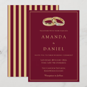 Classic Burgundy Gold Ring Diamond Stripes Wedding Invitation