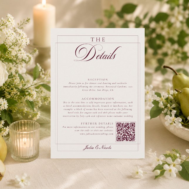 Classic Burgundy Ivory Calligraphy QR Code Details Enclosure Card (Creator Uploaded)