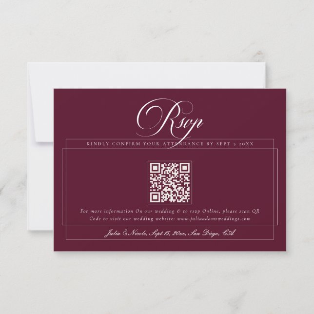 Classic Burgundy Ivory Calligraphy QR Code Wedding RSVP Card (Front)