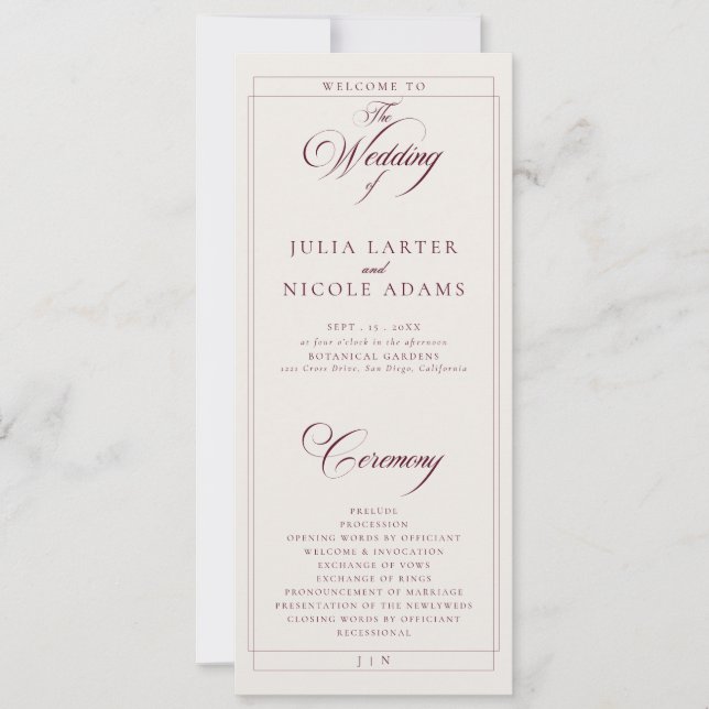 Classic Burgundy Ivory Calligraphy Wedding Program (Front)