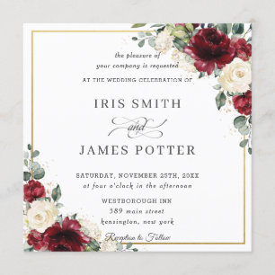 Classic Burgundy Ivory Floral Gold Wedding Square Invitation