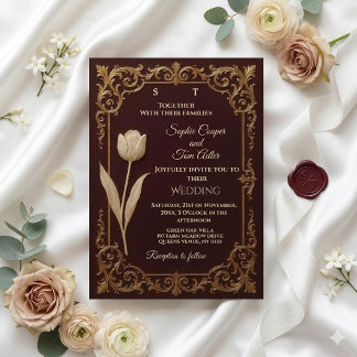 Classic Burgundy Ivory Gold Baroque Tulips Wedding Invitation