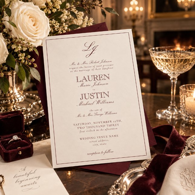 Classic Burgundy Ivory Script Monogram Wedding Invitation (Creator Uploaded)