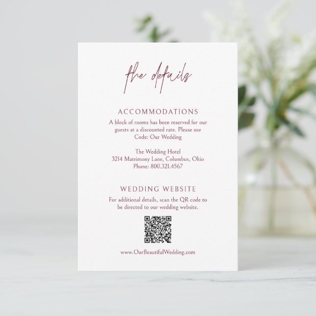 Classic Burgundy QR Code Elegant Wedding Enclosure Card (Standing Front)