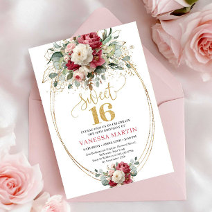 Classic Burgundy Red Floral Sweet Sixteen Invites