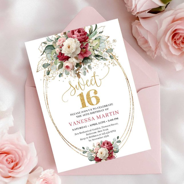 Classic Burgundy Red Floral Sweet Sixteen Invites (Classic Burgundy Red Floral Sweet Sixteen Invitation)