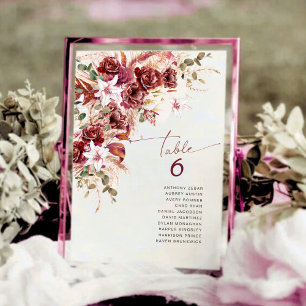Classic Burgundy Rose & Blush Floral Table Number