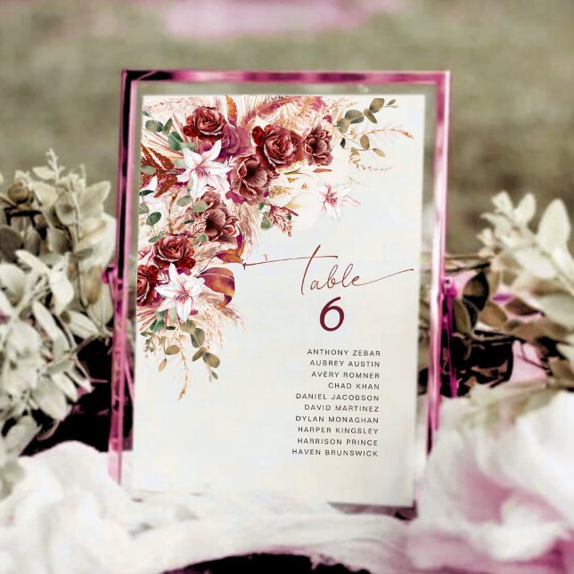 Classic Burgundy Rose & Blush Floral Table Number (Creator Uploaded)
