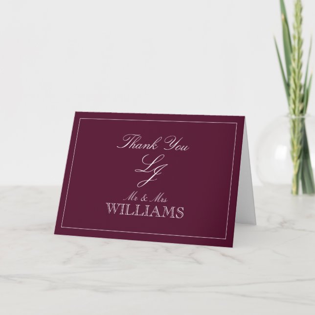 Classic Burgundy Script Monogram Photo Thank You Card (Front)