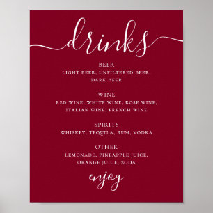 Classic Burgundy Script Wedding Bar Drink Menu Poster