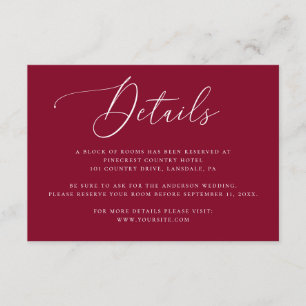 Classic Burgundy Script Wedding Hotel Details Enclosure Card