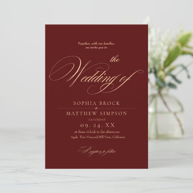 Classic Burgundy Script Wedding Invitation (Standing Front)
