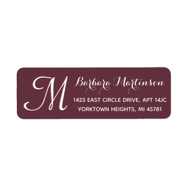 Classic Burgundy White Custom Monogram Address Return Address Label (Front)