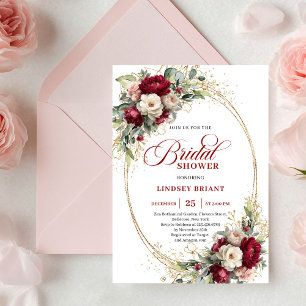 Classic Burgundy White Floral Gold Bridal Shower Invitation