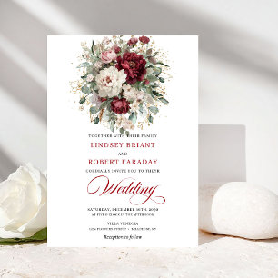 Classic Burgundy White Floral Gold Wedding Invite
