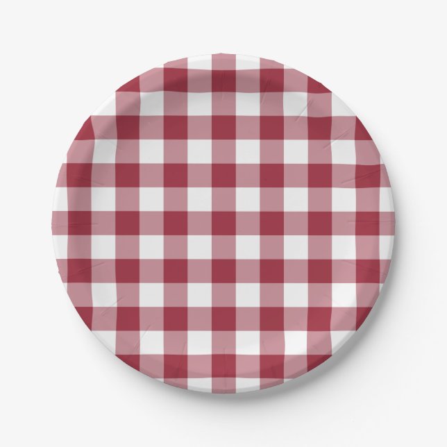 Classic Burgundy White Gingham Plaid Pattern Paper Plate (Front)