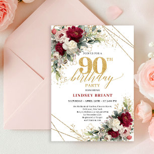 Classic Burgundy White Gold Roses 90th Birthday Invitation
