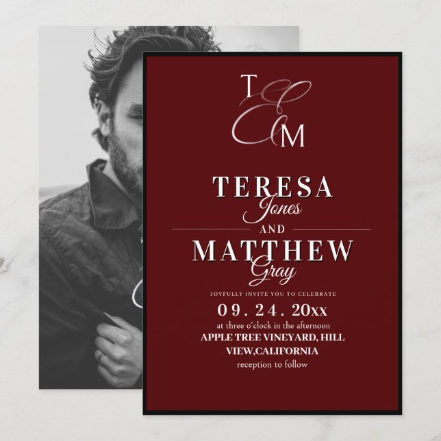 Classic Burgundy & White Script Elegant Wedding Invitation (Front/Back)