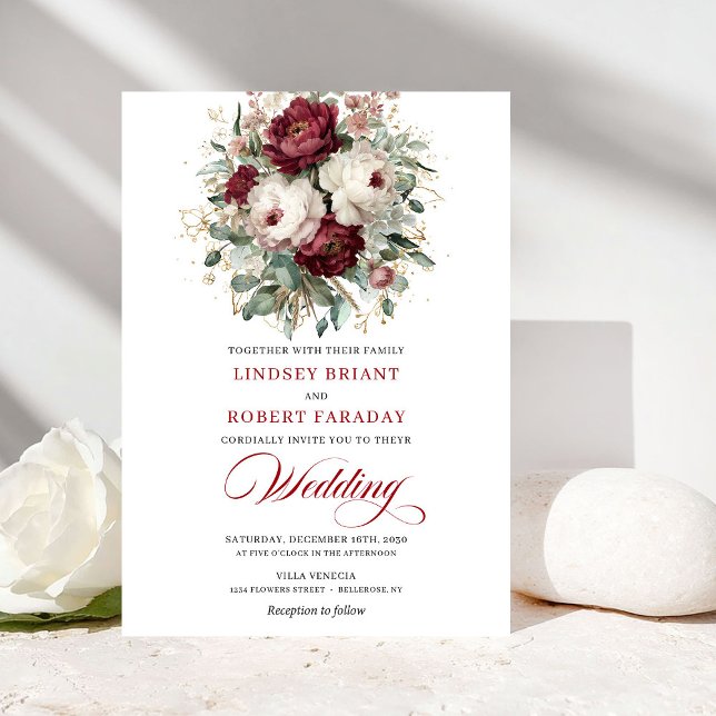 Classic Burgundy White Watercolor Wedding Invite (Classic Burgundy White Watercolor Wedding Invitation)