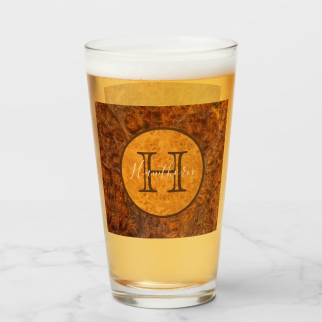 Classic Burl Wood Tone Round Monogram Glass (Front Filled)
