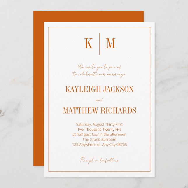 Classic Burnt Orange Monogram Elegant Wedding  Invitation (Front/Back)