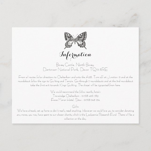 Classic Butterfly Wedding Information Card (Front)