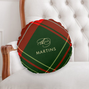 Classic Calligraphy Christmas Red Plaid Round Cushion