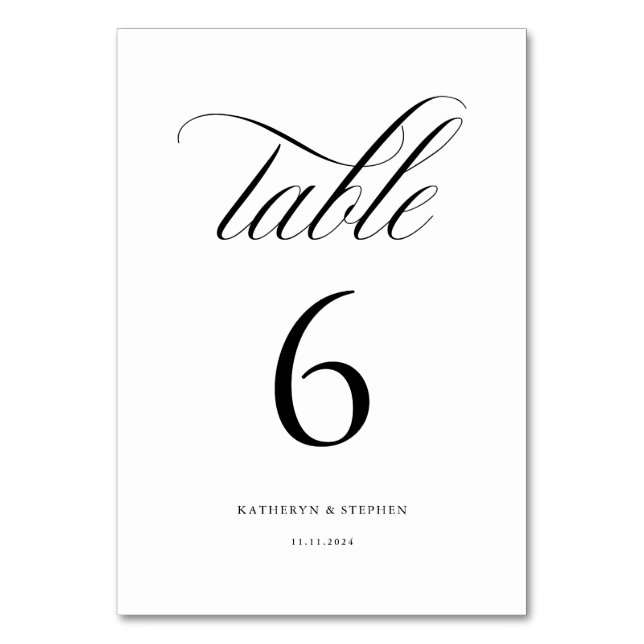 Classic Calligraphy Elegant Wedding Table Number 6 (Front)