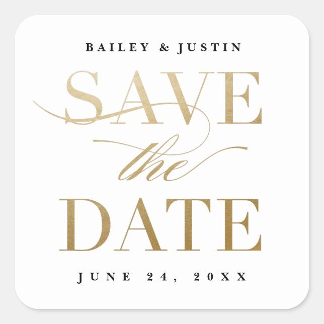Classic Calligraphy Gold Save the Date Square Sticker (Front)