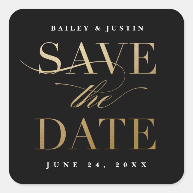 Classic Calligraphy Gold Save the Date Square Sticker (Front)