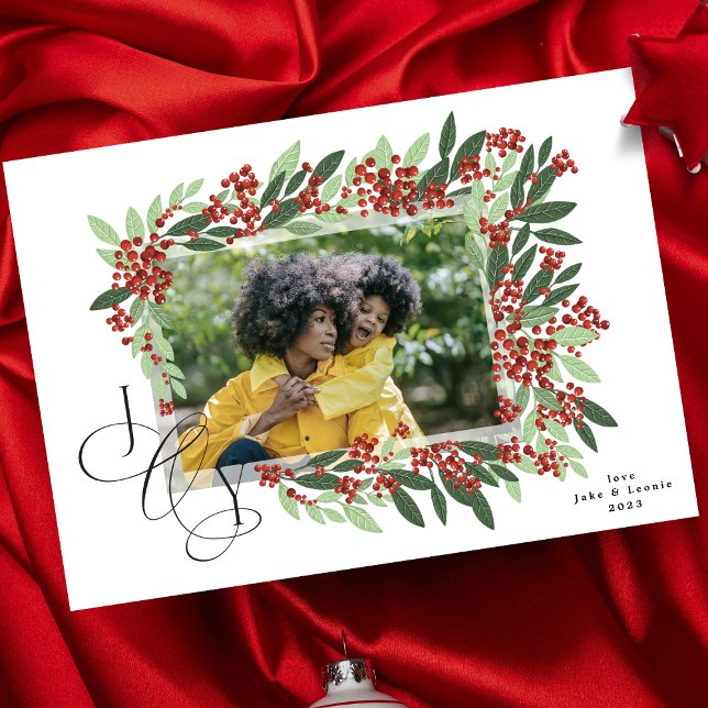 Classic Calligraphy JOY Botanical Christmas Photo Holiday Card (Creator Uploaded)