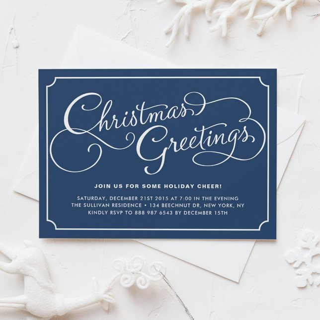 Classic Calligraphy Navy Blue Christmas Party Invitation (Creator Uploaded)
